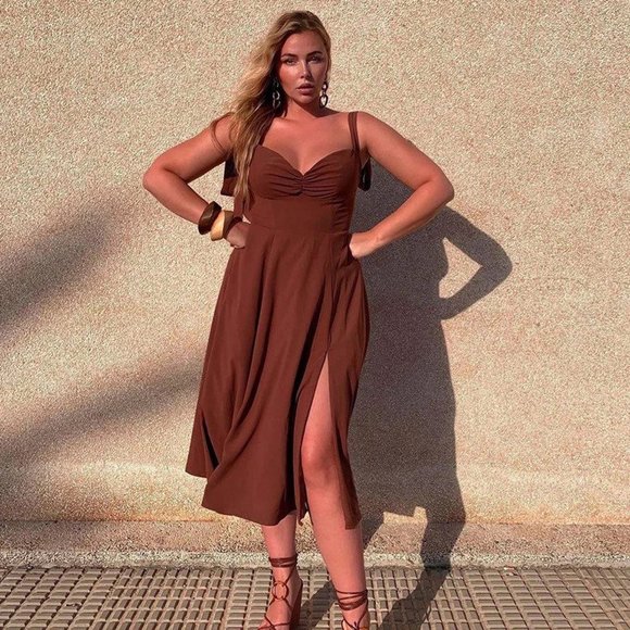 - Red Brown High Quality Dress Mid Slit - Picture 3 of 4